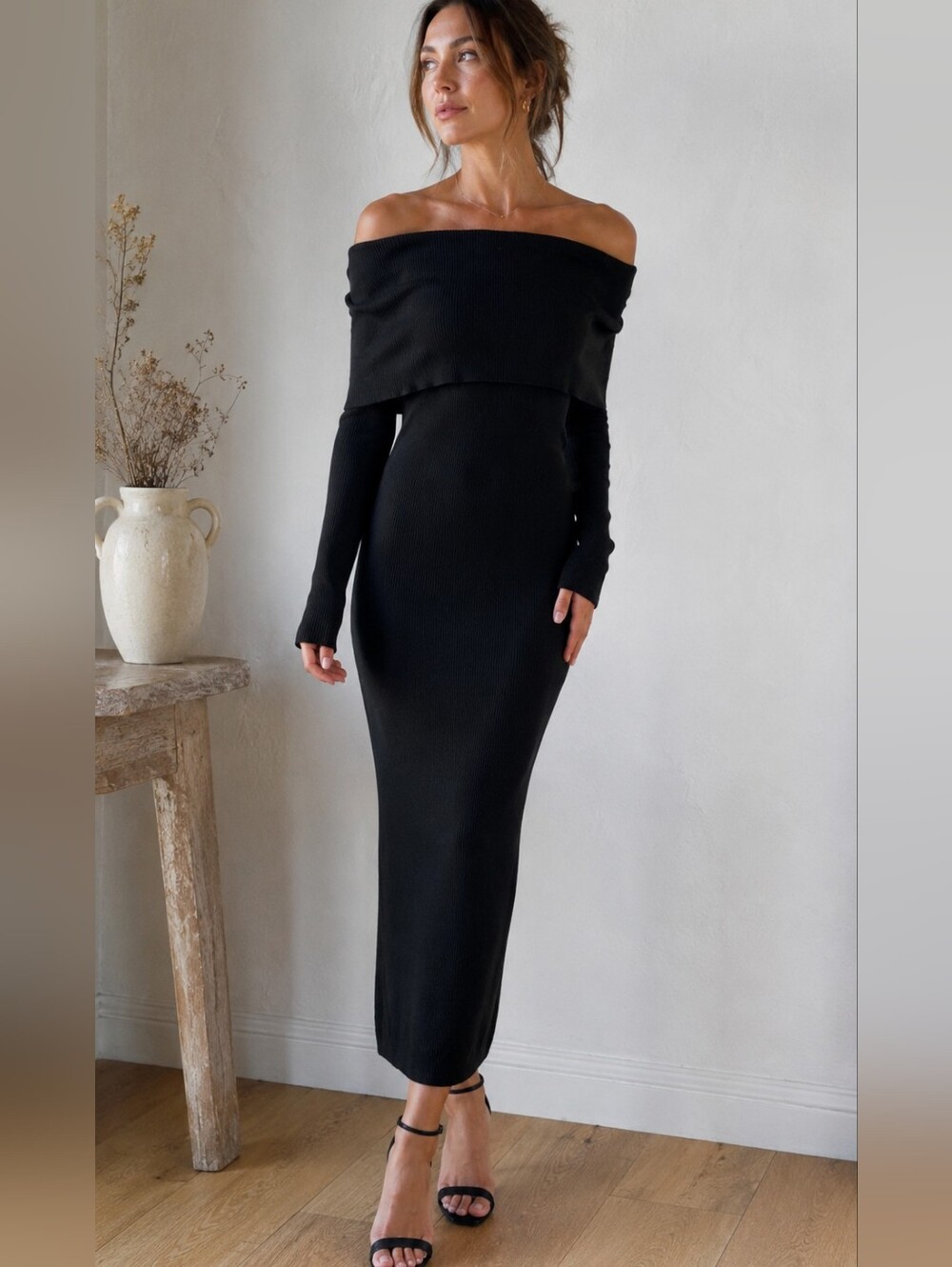Witchery Off-Shoulder Black Ribbed Maxi Dress